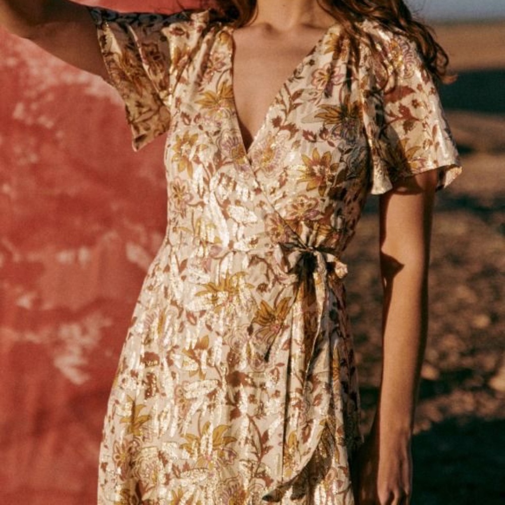 Sezane Floral Midi Dress in Cream and Gold
